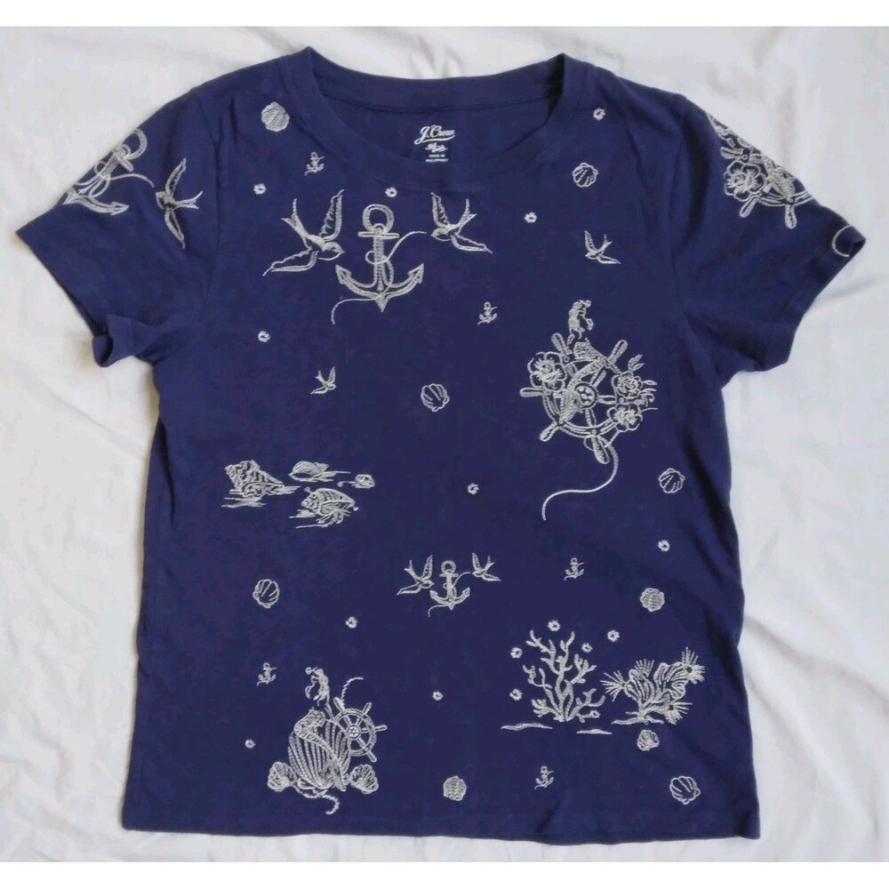 J Crew Knit Goods Embroidered Short Sleeve Tee Top Navy Nautical Coastal Size L
